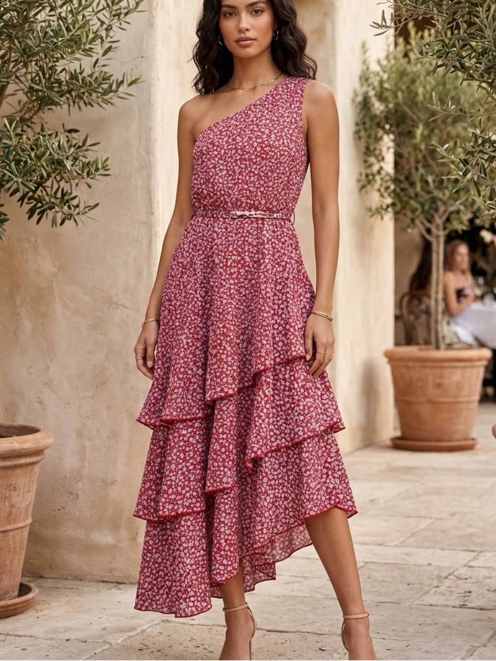 PRETTYGARDEN One Shoulder Floral Asymmetrical Tiered Ruffle Midi Dress Red S